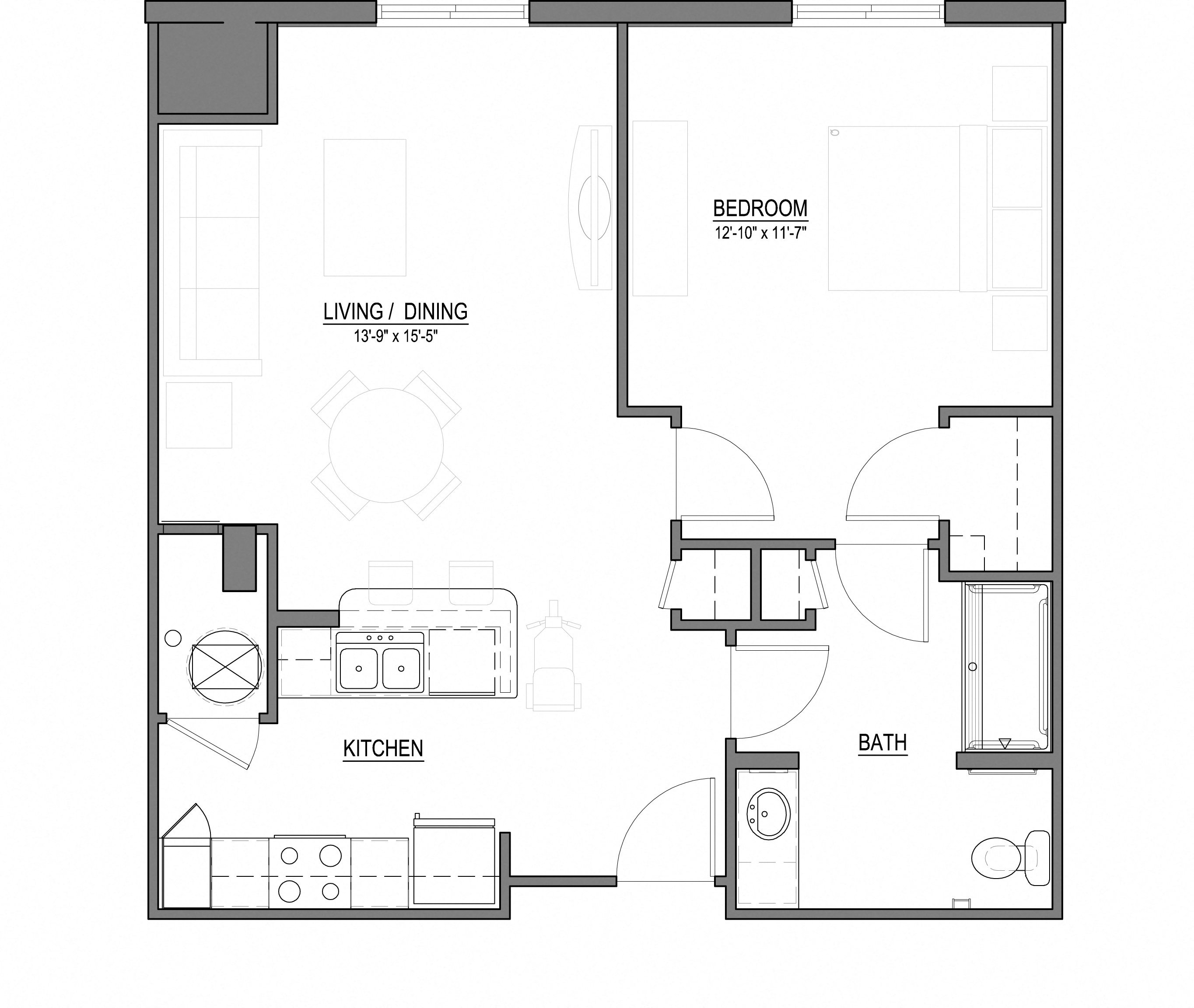 Floor plan for 1 bed, 1 bath, 779 sqft